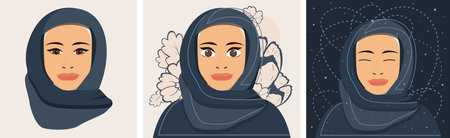 Portrait Set of a Young Muslim Woman in Hijab. Illustration. Flowers on background.の写真素材