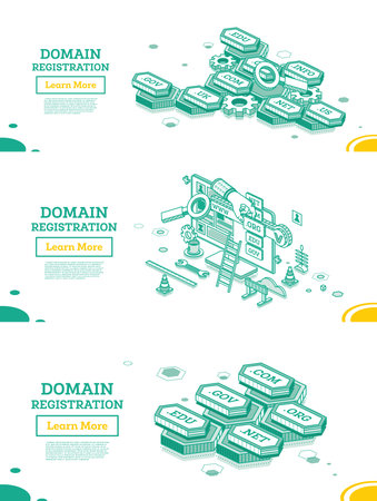 domain registration. Isometric Business Concept. Choosing an URL Address and Name of Domain Zone for Web Site. Outline Concept for Hosting Service. Banner for Landing Page.の写真素材