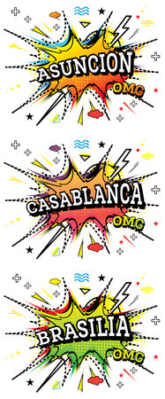 Casablanca, Brasilia and Asuncion Comic Text in Pop Art Style Isolated on White Background.の写真素材