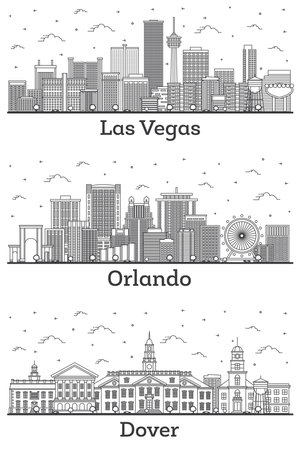 Outline Orlando Florida, Dover Delaware and Las Vegas Nevada City Skyline Set with Modern Buildings Isolated on White. Cityscape with Landmarks.の写真素材