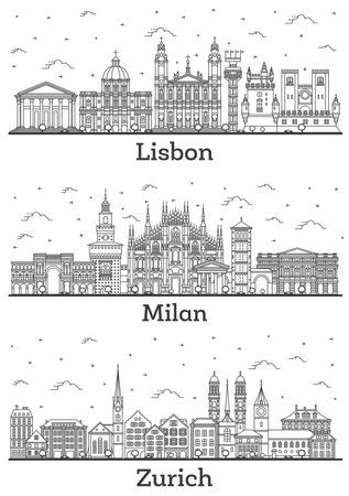 Outline Zurich Switzerland, Milan Italy and Lisbon Portugal City Skyline Set with Historic Buildings Isolated on White. Cityscape with Landmarks.の写真素材