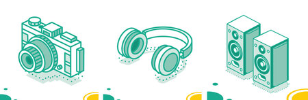Stereo Acoustic Speakers, Photo Camera and Headphones Isolated on White. Isometric Outline Icon Set.の写真素材