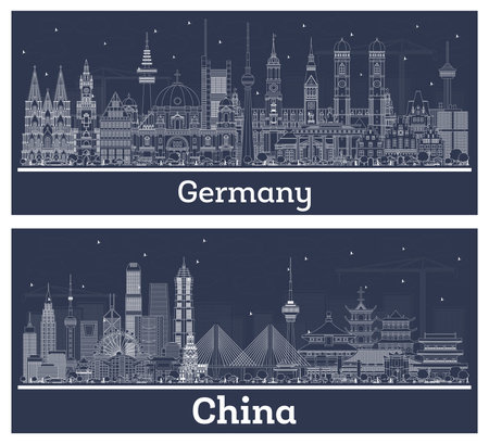 Outline Germany and China City Skyline Set with White Buildings. Business Travel and Tourism Concept with Historic Architecture. Cityscape with Landmarks.の写真素材