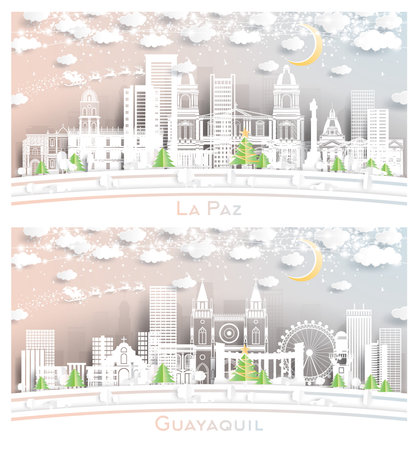 Guayaquil Ecuador and La Paz Bolivia City Skyline Set in Paper Cut Style with Snowflakes, Moon and Neon Garland. Christmas and New Year Concept. Santa Claus on Sleigh. La Paz Cityscape with Landmarks.の写真素材
