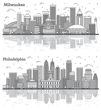 Outline Philadelphia Pennsylvania and Milwaukee Wisconsin City Skyline Set with Reflections and Modern Buildings Isolated on White. Cityscape with Landmarks.の写真素材