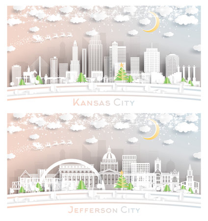 Jefferson City and Kansas City Missouri Skyline Set in Paper Cut Style with Snowflakes, Moon and Neon Garland. Christmas and New Year Concept. Santa Claus on Sleigh. Cityscape with Landmarks.の写真素材
