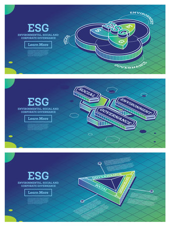 ESG Concept of Environmental, Social and Governance. Infographic Element. sustainable development. Isometric Outline Concept. Pie Chart with Three Elements. Three Hexagons.の写真素材