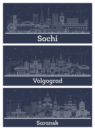 Outline Saransk, Volgograd and Sochi Russia City Skyline Set with White Buildings. Business Travel and Tourism Concept with Modern Architecture. Cityscape with Landmarks.の写真素材