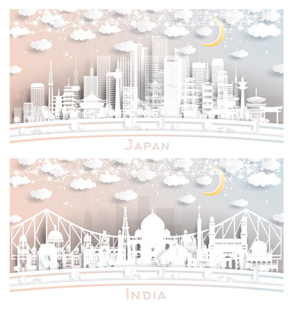 India and Japan City Skyline Set in Paper Cut Style with White Buildings, Moon and Neon Garland. Business Travel and Tourism Concept. Cityscape with Landmarks.の写真素材