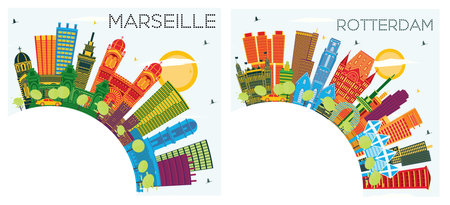 Rotterdam Netherlands and Marseille France City Skyline Set with Color Buildings, Blue Sky and Copy Space. Business Travel and Tourism Concept with Historic Architecture. Cityscape with Landmarks.の写真素材