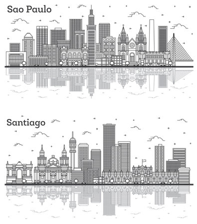 Outline Santiago Chile and Sao Paulo Brazil City Skyline Set City Skyline with Modern Buildings and Reflections Isolated on White. Cityscape with Landmarks.の写真素材
