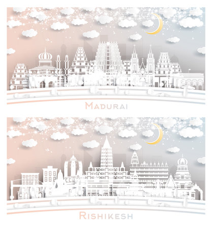 Rishikesh and Madurai India City Skyline Set in Paper Cut Style with White Buildings, Moon and Neon Garland. Business Travel and Tourism Concept. Cityscape with Landmarks.の写真素材