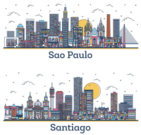 Outline Santiago Chile and Sao Paulo Brazil City Skyline Set City Skyline with Colored Buildings Isolated on White. Cityscape with Landmarks.の写真素材