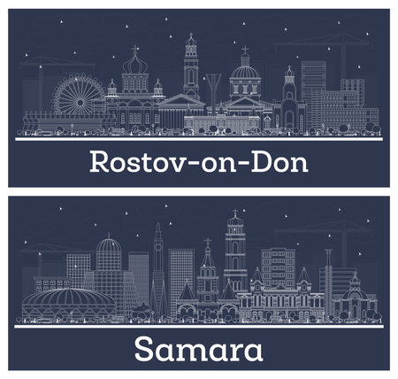 Outline Samara and Rostov-on-Don Russia City Skyline Set with White Buildings. Business Travel and Tourism Concept with Modern Architecture. Cityscape with Landmarks.の写真素材