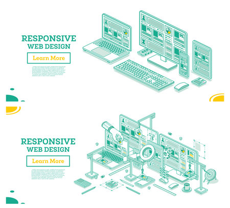 Adaptive and Responsive Web Design Isometric Concept. Smartphone, Laptop, Tablet and Desktop PC with Keyboard. Web Interface on the Screens. UI design. Page Construction.の写真素材