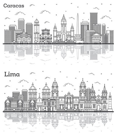 Outline Lima Peru and Caracas Venezuela City Skyline Set with Modern and Historic Buildings Isolated on White. Cityscape with Landmarks.の写真素材