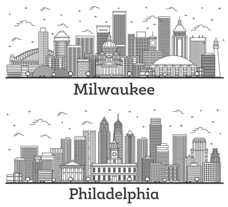 Outline Philadelphia Pennsylvania and Milwaukee Wisconsin City Skyline Set with Modern Buildings Isolated on White. Cityscape with Landmarks.の写真素材