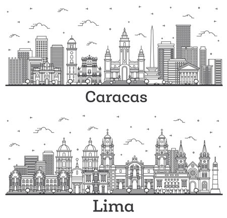 Outline Lima Peru and Caracas Venezuela City Skyline Set with Modern and Historic Buildings Isolated on White. Cityscape with Landmarks.の写真素材