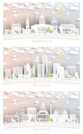 Billings Montana, Augusta Maine and Annapolis Maryland City Skyline Set in Paper Cut Style with Snowflakes, Moon and Neon Garland. Christmas and New Year Concept. Santa Claus on Sleigh. cityscape.の写真素材