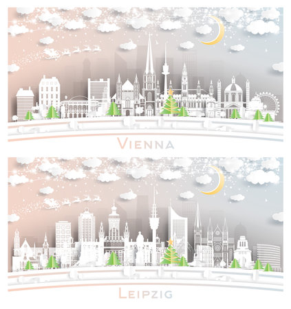 Leipzig Germany and Vienna Austria City Skyline Set in Paper Cut Style with Snowflakes, Moon and Neon Garland. Christmas and New Year Concept. Santa Claus on Sleigh. Cityscape with Landmarks.の写真素材
