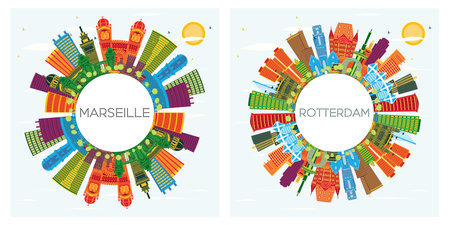 Rotterdam Netherlands and Marseille France City Skyline Set with Color Buildings, Blue Sky and Copy Space. Business Travel and Tourism Concept with Historic Architecture. Cityscape with Landmarks.の写真素材
