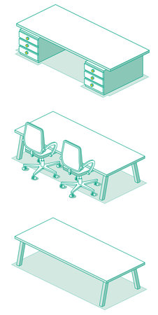 Table with Four Legs. Two Chairs on Wheels. Office Table with Drawers. Empty Desk. isometric concept. Single Objects Isolated on White Background. modern table. outline style.の写真素材