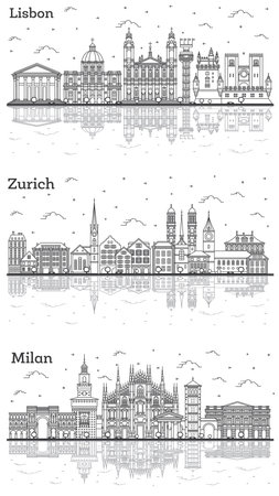 Outline Zurich Switzerland, Milan Italy and Lisbon Portugal City Skyline Set with Historic Buildings and Reflections Isolated on White. Cityscape with Landmarks.の写真素材