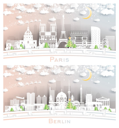 Berlin Germany and Paris France City Skyline Set in Paper Cut Style with Snowflakes, Moon and Neon Garland. Christmas and New Year Concept. Santa Claus on Sleigh. Cityscape with Landmarks.の写真素材