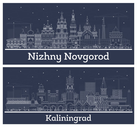 Outline Kaliningrad and Nizhny Novgorod Russia City Skyline Set with White Buildings. Business Travel and Tourism Concept with Historic Architecture. Cityscape with Landmarks.の写真素材