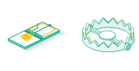 Isometric Bear and Mouse Trapa with Small Piece of Cheese. Outline Icon Isolated on White. Empty Snap.の写真素材