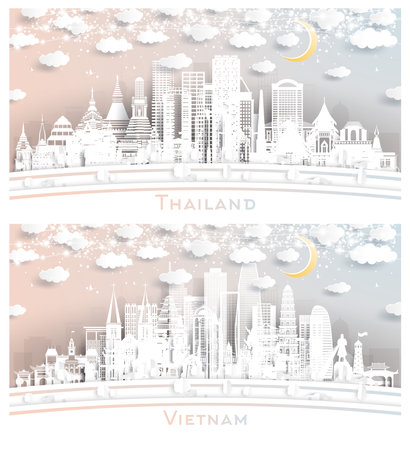 Vietnam and Thailand City Skyline Set in Paper Cut Style with White Buildings, Moon and Neon Garland. Travel and Tourism Concept. Cityscape with Landmarks.の写真素材