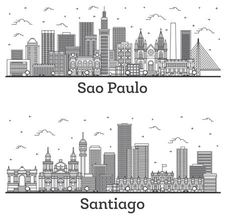 Outline Santiago Chile and Sao Paulo Brazil City Skyline Set with Modern Buildings Isolated on White. Cityscape with Landmarks.の写真素材