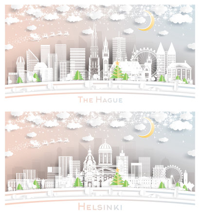 Helsinki Finland and The Hague Netherlands City Skyline Set in Paper Cut Style with Snowflakes, Moon and Neon Garland. Christmas and New Year Concept. Santa Claus on Sleigh.の写真素材