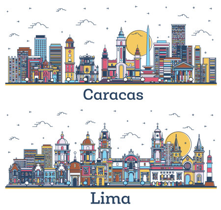 Outline Lima Peru and Caracas Venezuela City Skyline Set with Colored Historic Buildings Isolated on White. Cityscape with Landmarks.の写真素材