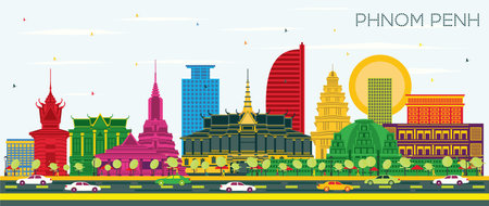 Phnom Penh Cambodia City Skyline with Color Buildings and Blue Sky. vector illustration. Business Travel and Tourism Concept with Historic Architecture. Phnom Penh Cityscape with Landmarks.のイラスト素材