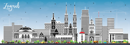 Zagreb Croatia City Skyline with Color Buildings and Blue Sky. vector illustration. Zagreb Cityscape with Landmarks. Business Travel and Tourism Concept with Historic Architecture.のイラスト素材