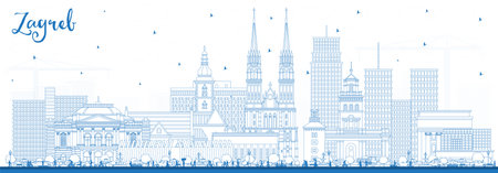 Outline Zagreb Croatia City Skyline with Blue Buildings. vector illustration. Zagreb Cityscape with Landmarks. Business Travel and Tourism Concept with Historic Architecture.のイラスト素材