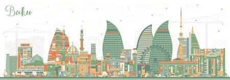 Baku Azerbaijan City Skyline with Color Buildings. vector illustration. Baku Cityscape with Landmarks. Business Travel and Tourism Concept with Historic Architecture.のイラスト素材
