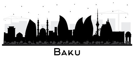 Baku Azerbaijan City Skyline Silhouette with Black Buildings Isolated on White. vector illustration. Baku Cityscape with Landmarks. Business Travel and Tourism Concept with Historic Architecture.のイラスト素材