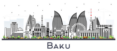 Baku Azerbaijan City Skyline with Color Buildings Isolated on White. vector illustration. Baku Cityscape with Landmarks. Business Travel and Tourism Concept with Historic Architecture.のイラスト素材