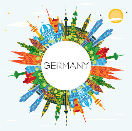Germany City Skyline with Color Buildings, Blue Sky and Copy Space. vector illustration. Germany Cityscape with Landmarks. Business Travel and Tourism Concept with Historic Architecture.のイラスト素材