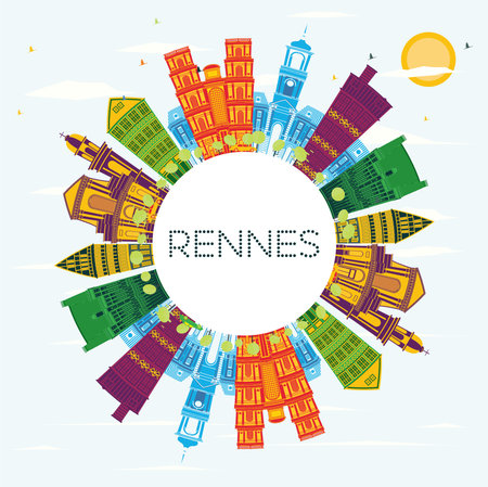 Rennes France City Skyline with Color Buildings, Blue Sky and Copy Space. vector illustration. Business Travel and Tourism Concept with Historic Architecture. Rennes Cityscape with Landmarks.のイラスト素材