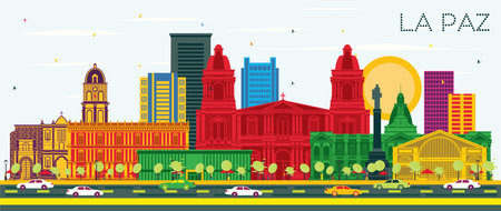 La Paz Bolivia City Skyline with Color Buildings and Blue Sky. vector illustration. Business Travel and Tourism Concept with Historic Architecture. La Paz Cityscape with Landmarks.のイラスト素材