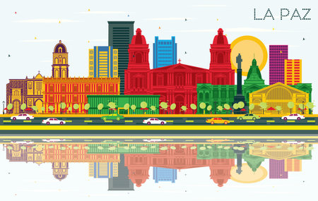 La Paz Bolivia City Skyline with Color Buildings, Blue Sky and Reflections. vector illustration. Business Travel and Tourism Concept with Historic Architecture. La Paz Cityscape with Landmarks.のイラスト素材