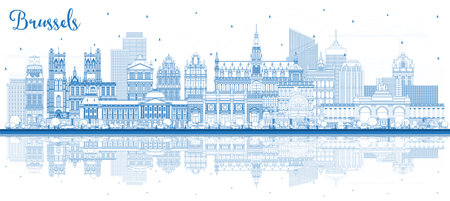 Outline Brussels Belgium City Skyline with Blue Buildings and Reflections. vector illustration. Brussels Cityscape with Landmarks. Business Travel and Tourism Concept with Historic Architecture.のイラスト素材