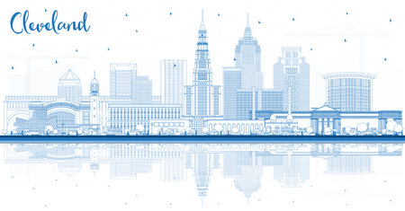 Outline Cleveland Ohio City Skyline with Blue Buildings and Reflections. vector illustration. Cleveland USA Cityscape with Landmarks. Business Travel and Tourism Concept with Modern Architecture.のイラスト素材