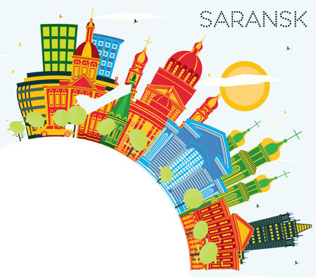 Saransk Russia City Skyline with Color Buildings, Blue Sky and Copy Space. vector illustration. Business Travel and Tourism Concept with Modern Architecture. Saransk Cityscape with Landmarks.のイラスト素材