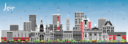 Lviv Ukraine City Skyline with Color Buildings and Blue Sky. vector illustration. Lviv Cityscape with Landmarks. Business Travel and Tourism Concept with Historic Architecture.のイラスト素材