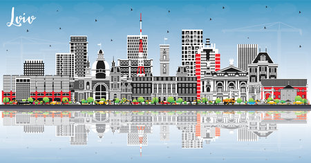 Lviv Ukraine City Skyline with Color Buildings, Blue Sky and Reflections. vector illustration. Lviv Cityscape with Landmarks. Business Travel and Tourism Concept with Historic Architecture.のイラスト素材