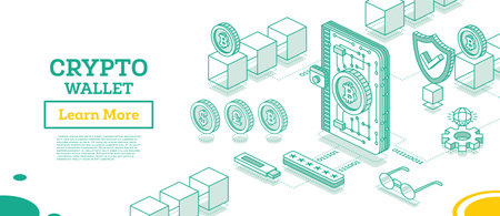 Isometric Crypto Wallet Connected to Blockchain. Cryptocurrency Industry. Outline Concept of Blockchain Technology with Cubes. vector illustration.のイラスト素材